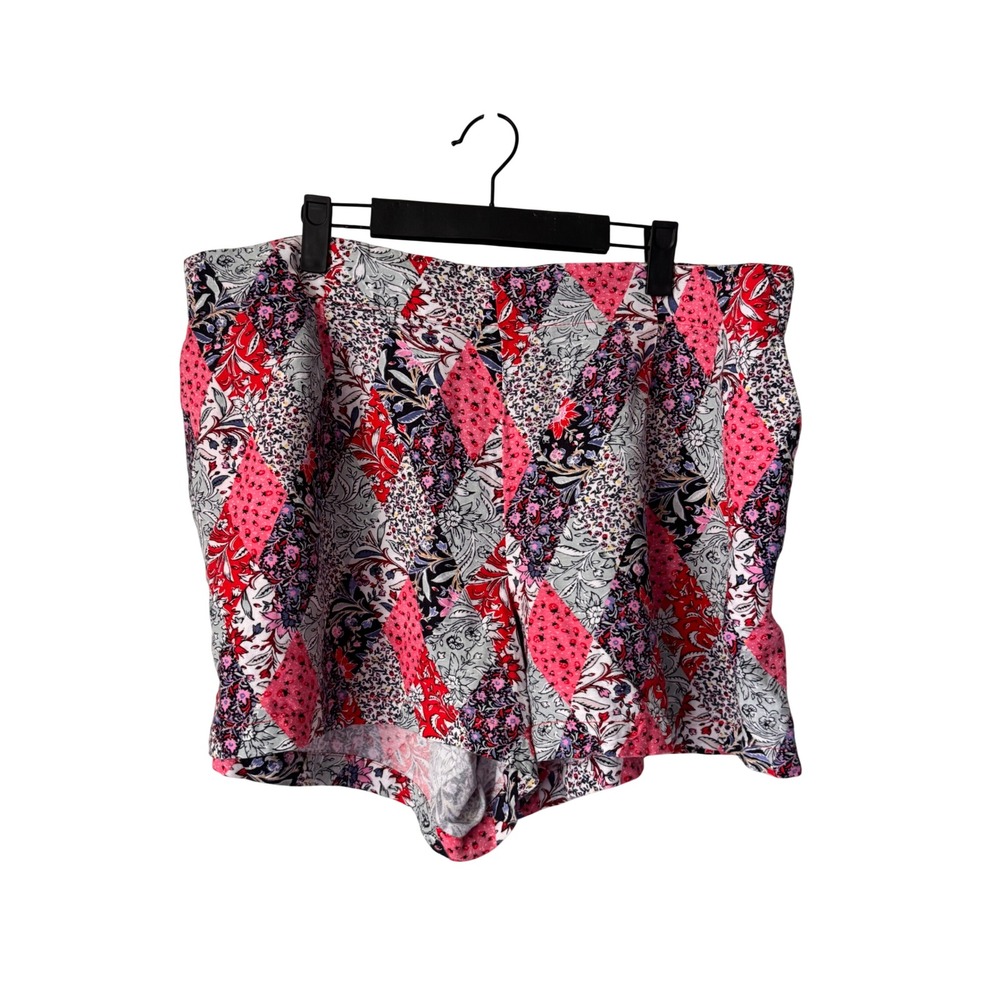 Loft Womens XL Red Pink Floral Patchwork Linen Blend Elastic Waist Shorts
